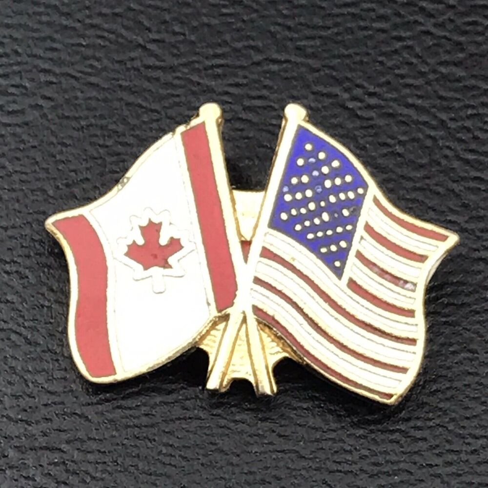 USA Canada Friendship Flags Pin Vintage Metal Twin Crossed Old Glory Maple Leaf